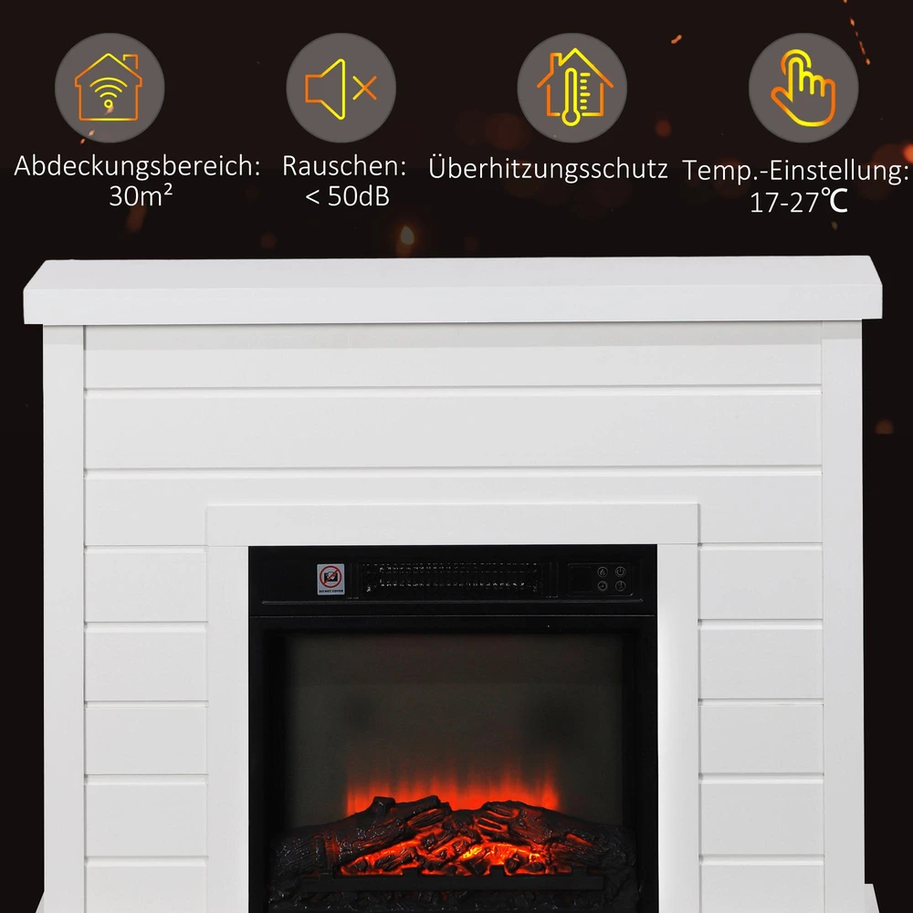 HOMCOM Elektrinis židinys, 3D liepsnos efektas, 3 nustatymai, laikmatis, nuotolinio valdymo pultelis, baltas