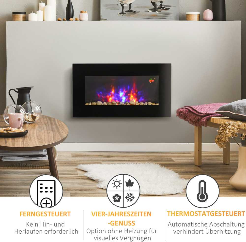 "HOMCOM" elektrinis židinys su LED liepsnos efektu, 1000/2000W 7 spalvų sieninis židinys, elektrinis židinys su nuotolinio valdymo pulteliu, montuojamas ant sienos, juodas