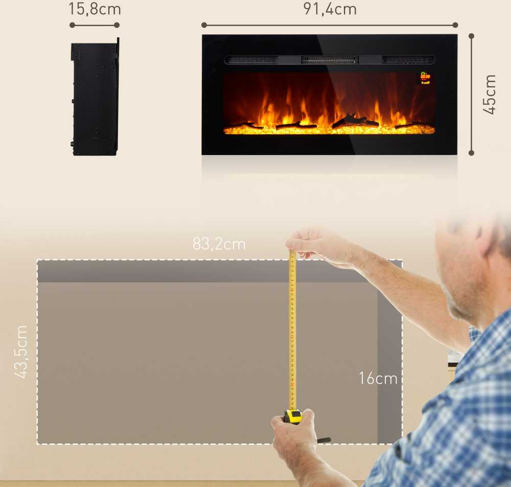 HOMCOM Elektrinis židinys su LED liepsnos efektu, 1800 W galios 3 spalvų sieninis židinys su 5 ryškumo lygiais, elektrinis židinys su nuotolinio valdymo pulteliu, jutikliniu ekranu, tvirtinamas prie sienos, juodas