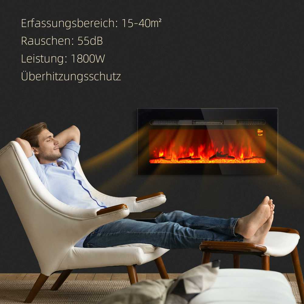 HOMCOM Elektrinis židinys su LED liepsnos efektu, 1800 W galios 3 spalvų sieninis židinys su 5 ryškumo lygiais, elektrinis židinys su nuotolinio valdymo pulteliu, jutikliniu ekranu, tvirtinamas prie sienos, juodas