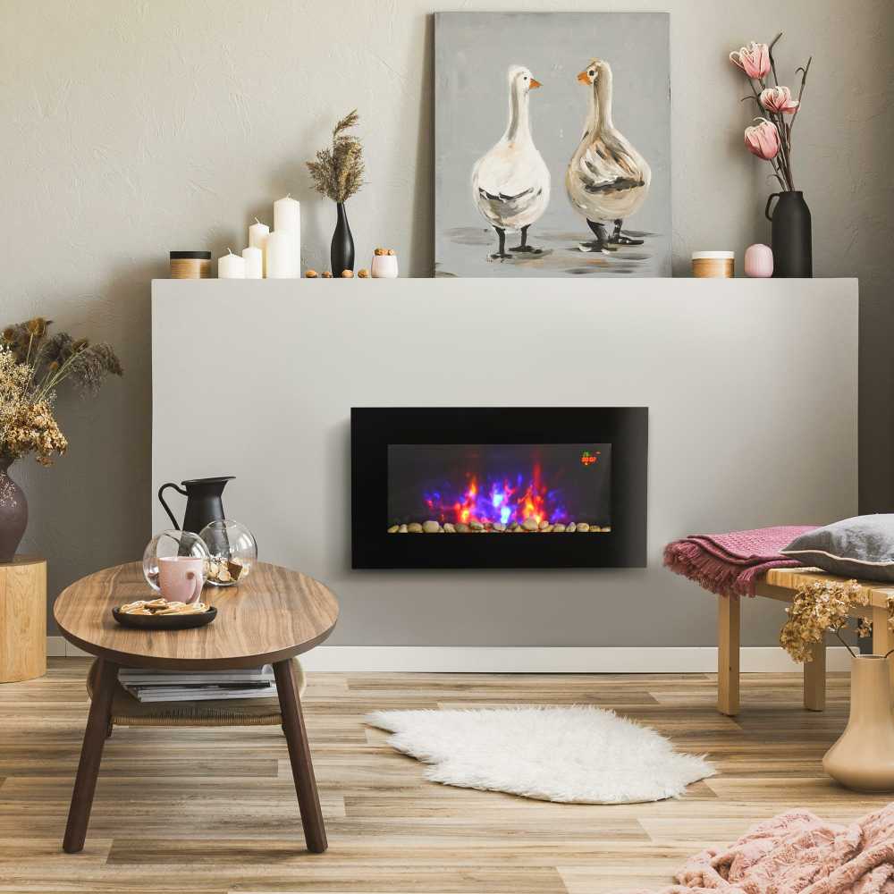 "HOMCOM" elektrinis židinys su LED liepsnos efektu, 1000/2000W 7 spalvų sieninis židinys, elektrinis židinys su nuotolinio valdymo pulteliu, montuojamas ant sienos, juodas