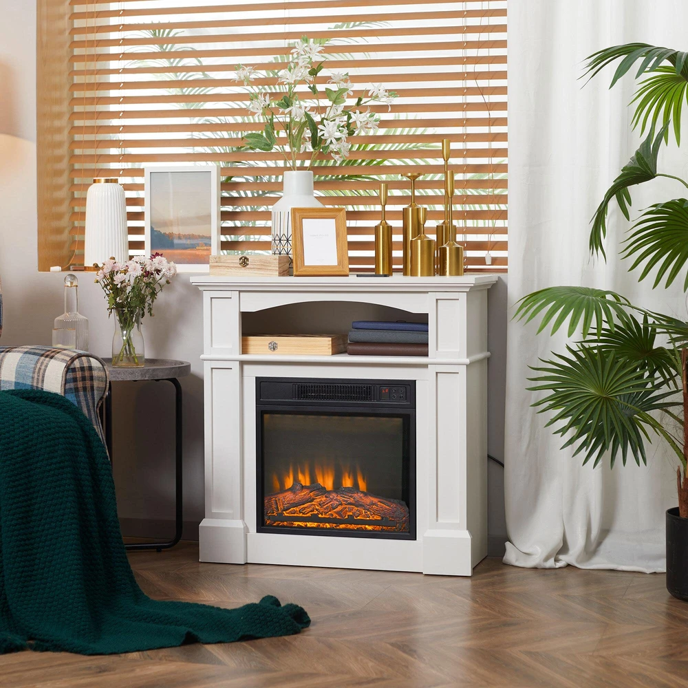 HOMCOM Elektrinis židinys su šildymu, 3D LED liepsnos efektas, lentyna, 1800 W Elektrinis židinys su nuotolinio valdymo pulteliu, laikmačiu, apsauga nuo perkaitimo, skirtas svetainei, miegamajam, baltas