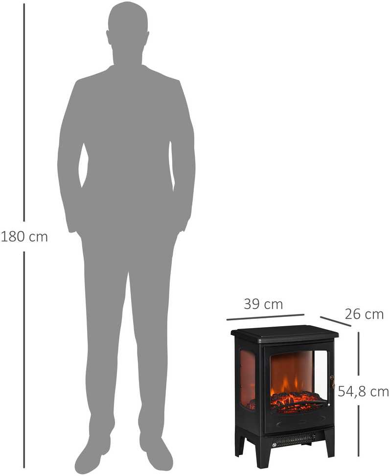 HOMCOM Elektrinis židinys su šildytuvu, 1800 W elektrinis židinys su LED liepsnos efektu