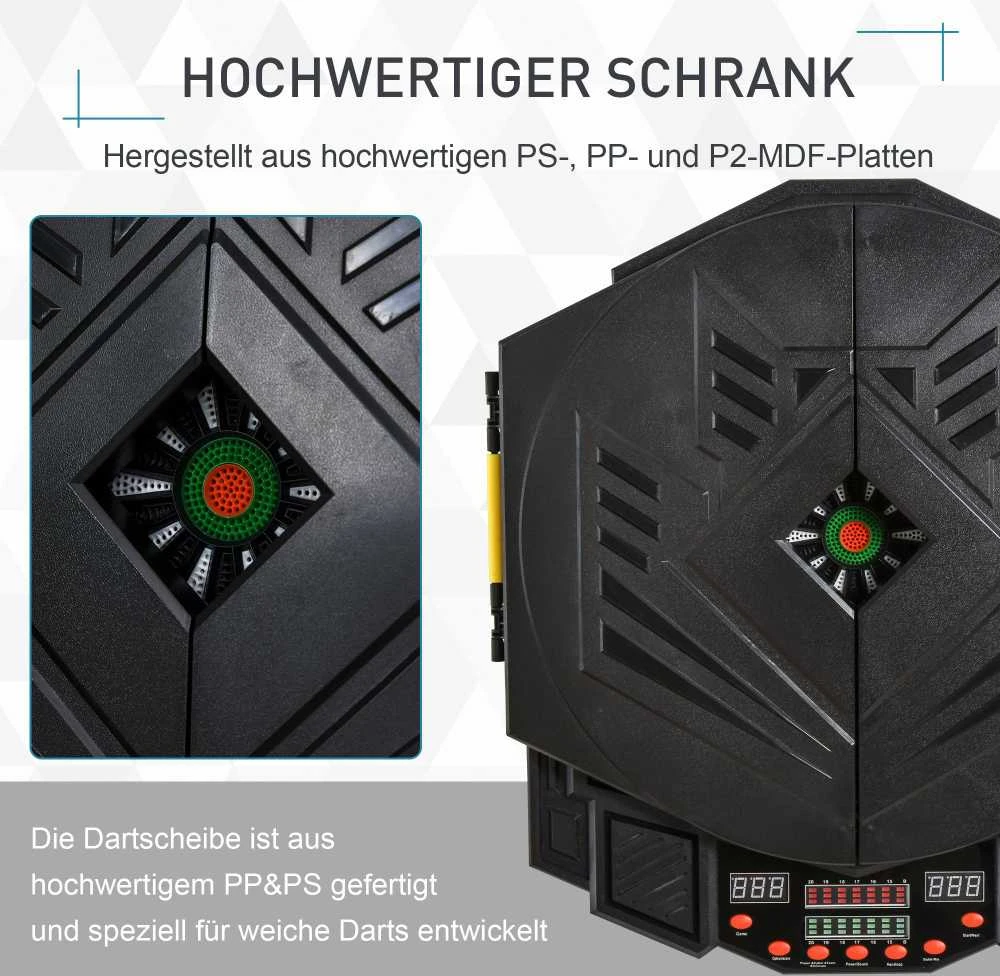 HOMCOM elektroninis smiginio taikinys su durelėmis, 4 LED ekranai, 216 žaidimų, 12 strėlyčių, iki 8 žaidėjų, ABS + PP, 49 x 54,6 x 5,5 cm