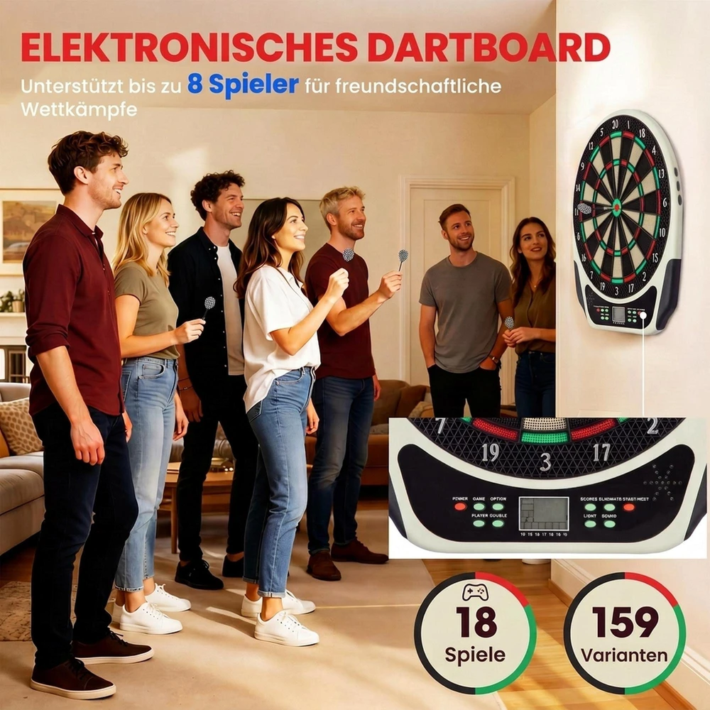 HOMCOM elektroninis smiginis, dartų taikinys su LCD ekranu, 6 strėlės, 24 antgaliai, 18 žaidimų ir 159 variantai, iki 8 žaidėjų, įvairiaspalvis