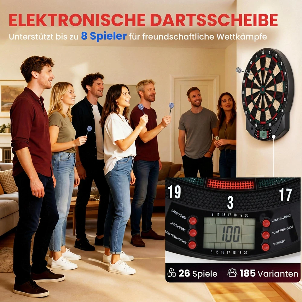 HOMCOM elektroninis smiginis, smiginio lentos rinkinys su 6 smiginio strėlytėmis, 30 antgalių, 26 žaidimai, 185 žaidimų variantai, 8 žaidėjams, įvairiaspalvis