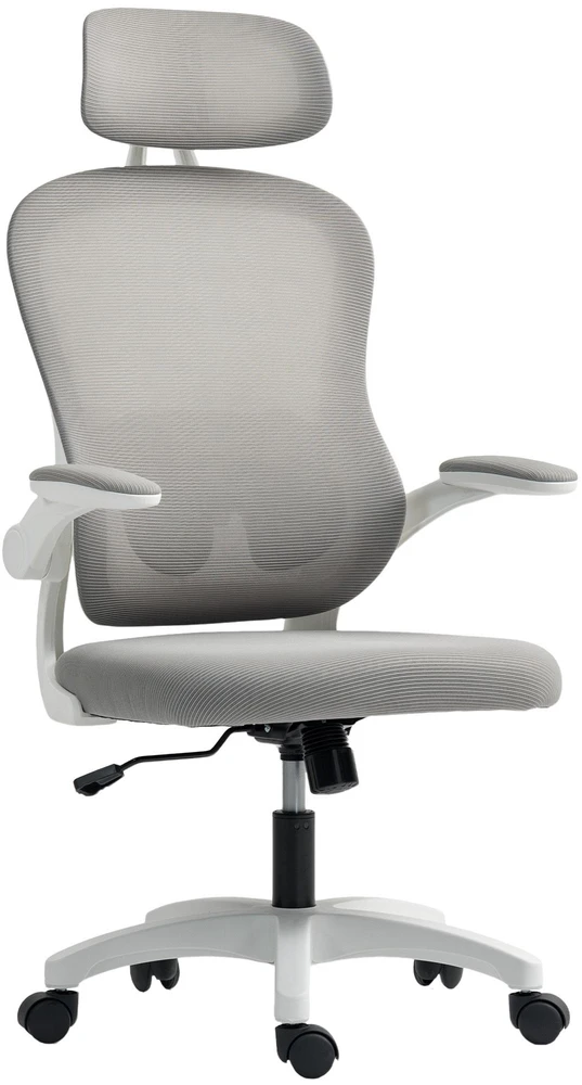 HOMCOM ergonominė biuro kėdė su tinklelio atlošu, reguliuojamu aukščiu, atlenkiamais porankiais, 5 ratukais, supimosi funkcija, pilka