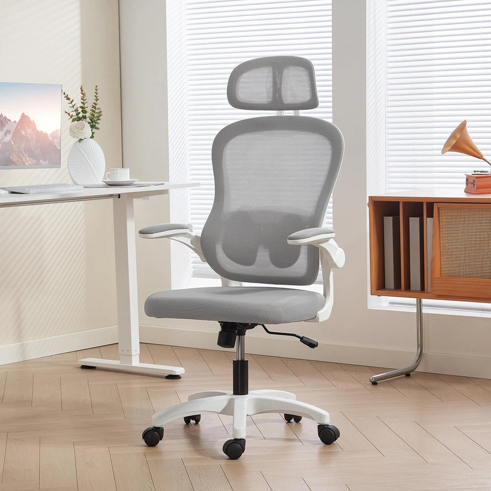 HOMCOM ergonominė biuro kėdė su tinklelio atlošu, reguliuojamu aukščiu, atlenkiamais porankiais, 5 ratukais, supimosi funkcija, pilka