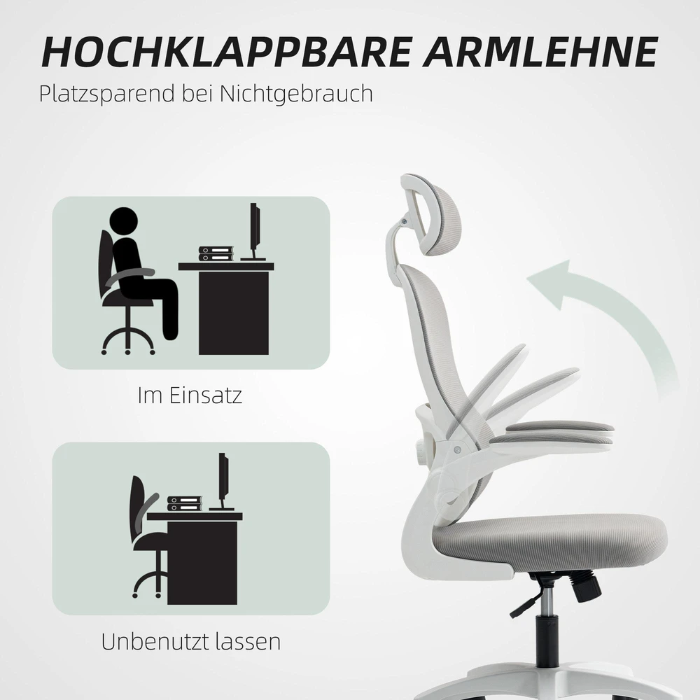 HOMCOM ergonominė biuro kėdė su tinklelio atlošu, reguliuojamu aukščiu, atlenkiamais porankiais, 5 ratukais, supimosi funkcija, pilka