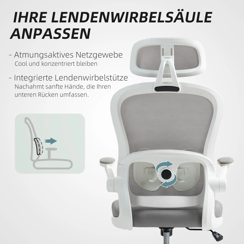 HOMCOM ergonominė biuro kėdė su tinklelio atlošu, reguliuojamu aukščiu, atlenkiamais porankiais, 5 ratukais, supimosi funkcija, pilka