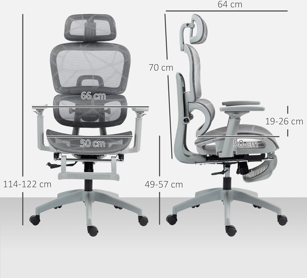 HOMCOM biuro kėdė, ergonomiška darbo kėdė su tinklelio audiniu, reguliuojama, su ratukais, su porankiais, galvos atrama, pilka