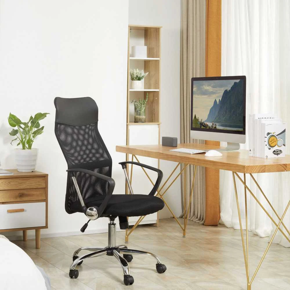HOMCOM ergonominė biuro kėdė, žaidimų kėdė, pasukama kėdė su supimosi funkcija, reguliuojamo aukščio darbo kėdė, porolonas, tinklelis, juoda