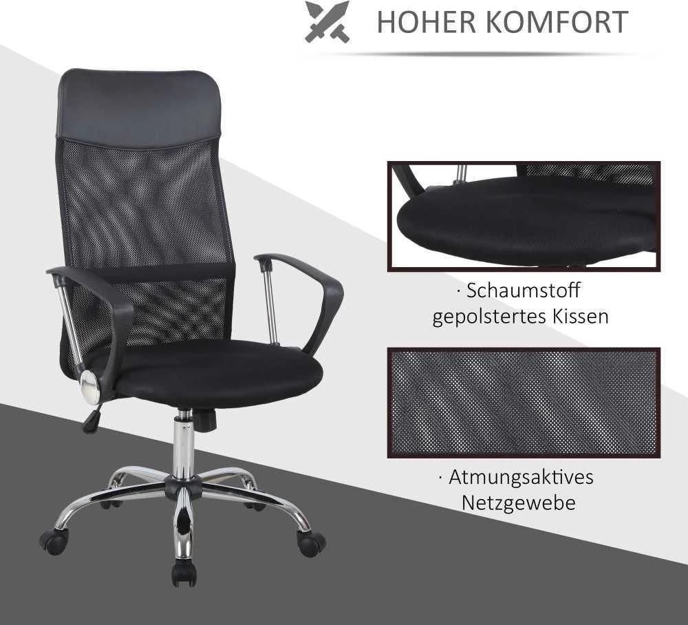 HOMCOM ergonominė biuro kėdė, žaidimų kėdė, pasukama kėdė su supimosi funkcija, reguliuojamo aukščio darbo kėdė, porolonas, tinklelis, juoda