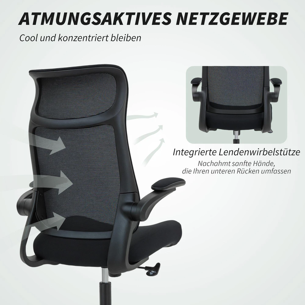 HOMCOM ergonomiška biuro kėdė su 3D porankiais, tinklelio atlošu, S formos atlošu, galvos atrama, pakreipimo funkcija, juoda