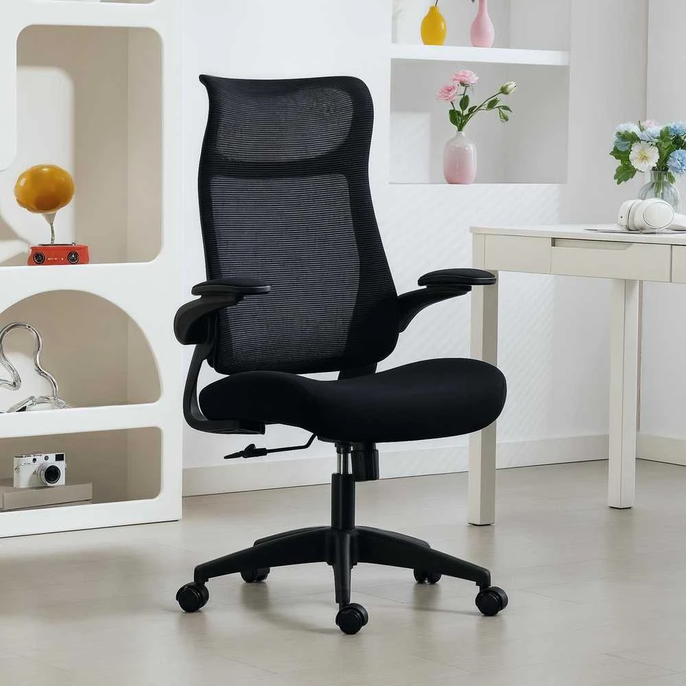 HOMCOM ergonomiška biuro kėdė su 3D porankiais, tinklelio atlošu, S formos atlošu, galvos atrama, pakreipimo funkcija, juoda