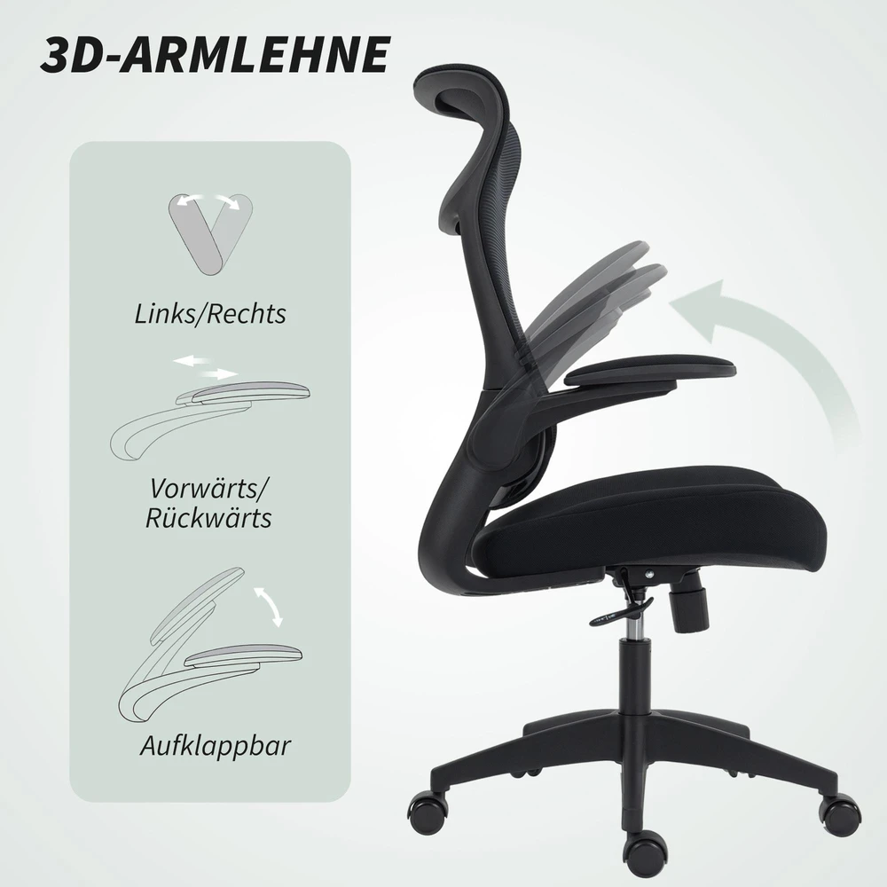 HOMCOM ergonomiška biuro kėdė su 3D porankiais, tinklelio atlošu, S formos atlošu, galvos atrama, pakreipimo funkcija, juoda