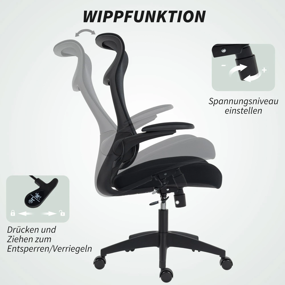 HOMCOM ergonomiška biuro kėdė su 3D porankiais, tinklelio atlošu, S formos atlošu, galvos atrama, pakreipimo funkcija, juoda