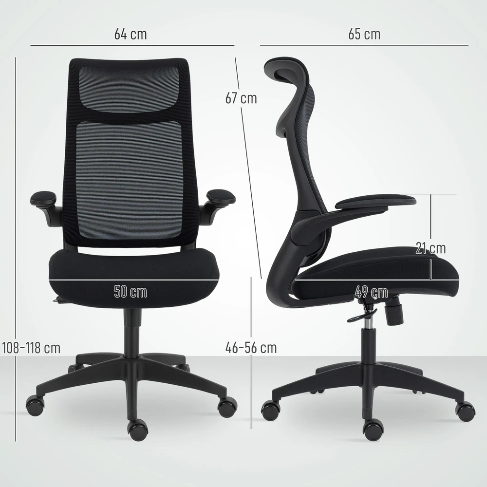 HOMCOM ergonomiška biuro kėdė su 3D porankiais, tinklelio atlošu, S formos atlošu, galvos atrama, pakreipimo funkcija, juoda