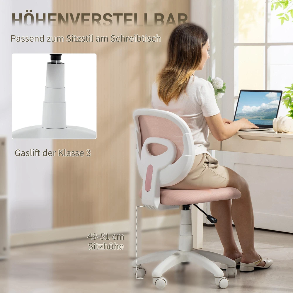 HOMCOM biuro kėdė, ergonomiška darbo kėdė su C formos atrama nugarai, reguliuojamo aukščio, rožinė