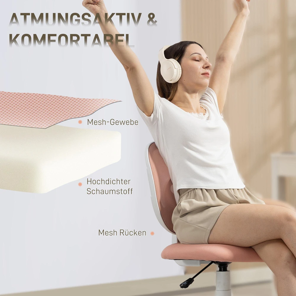 HOMCOM biuro kėdė, ergonomiška darbo kėdė su C formos atrama nugarai, reguliuojamo aukščio, rožinė