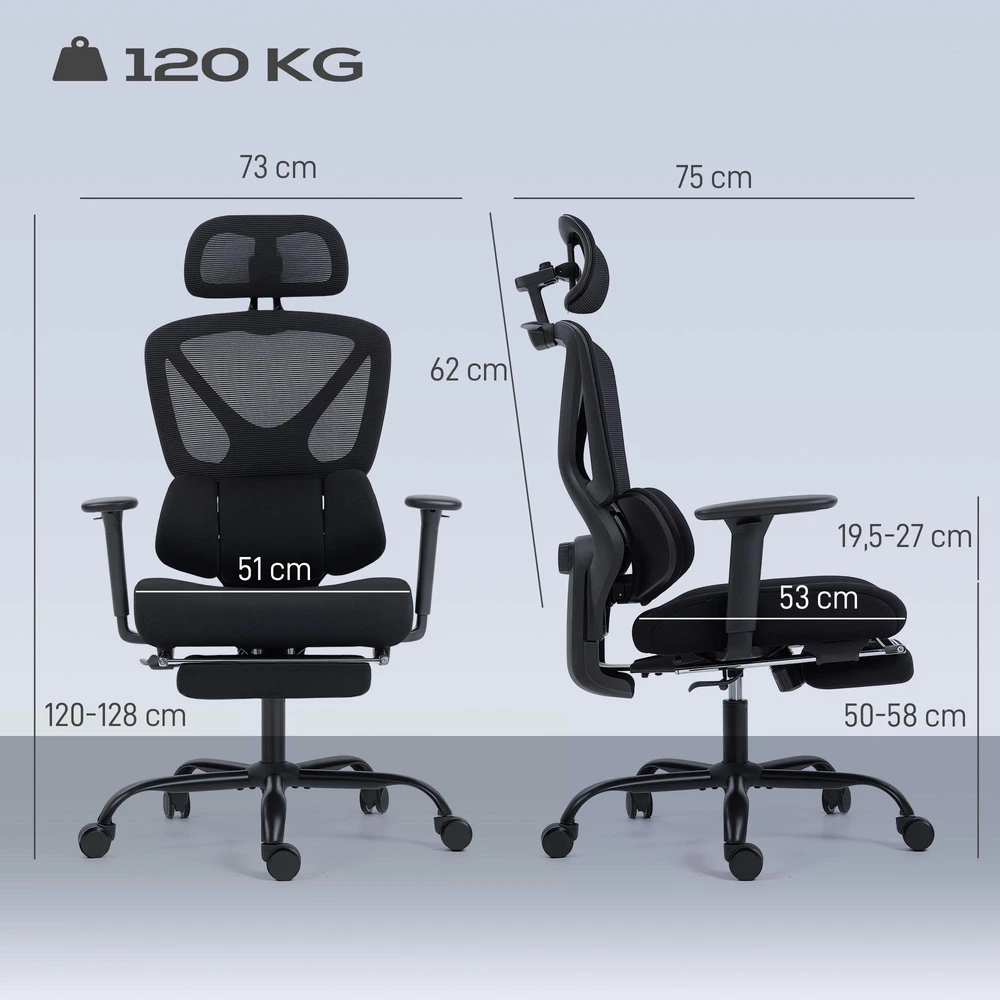HOMCOM ergonomiška biuro kėdė su ratukais, tinklinė, su juosmens atrama, kompiuterio kėdė su porankiais, reguliuojama galvos atrama