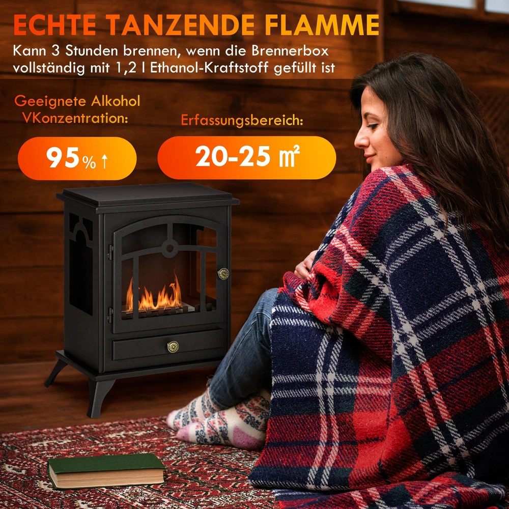 HOMCOM Etanolio židinys 7000BTU Bio-etanolio krosnelė 1,2 l su dangčiu, 3 val. degimo trukmė, laisvai pastatomas židinys, skirtas patalpoms iki 25 m²