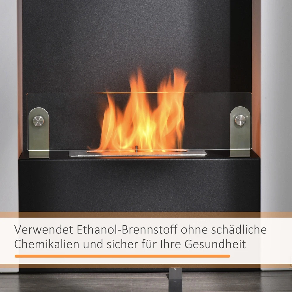HOMCOM Etanolio židinys Bio etanolio degiklis 2000W 1,5L 3 val. degimo trukmė Laisvai pastatomas, pagamintas iš plieno, nerūdijančio plieno, grūdinto stiklo, baltos ir juodos spalvos 60x20x79cm