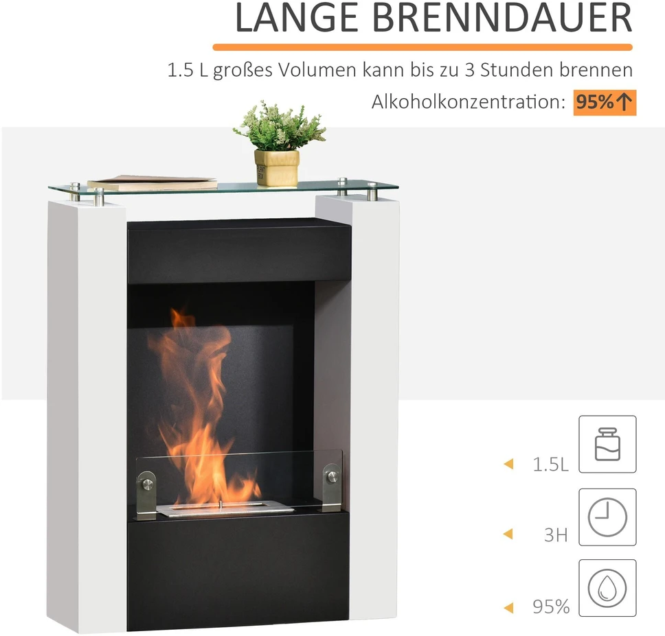 HOMCOM Etanolio židinys Bio etanolio degiklis 2000W 1,5L 3 val. degimo trukmė Laisvai pastatomas, pagamintas iš plieno, nerūdijančio plieno, grūdinto stiklo, baltos ir juodos spalvos 60x20x79cm