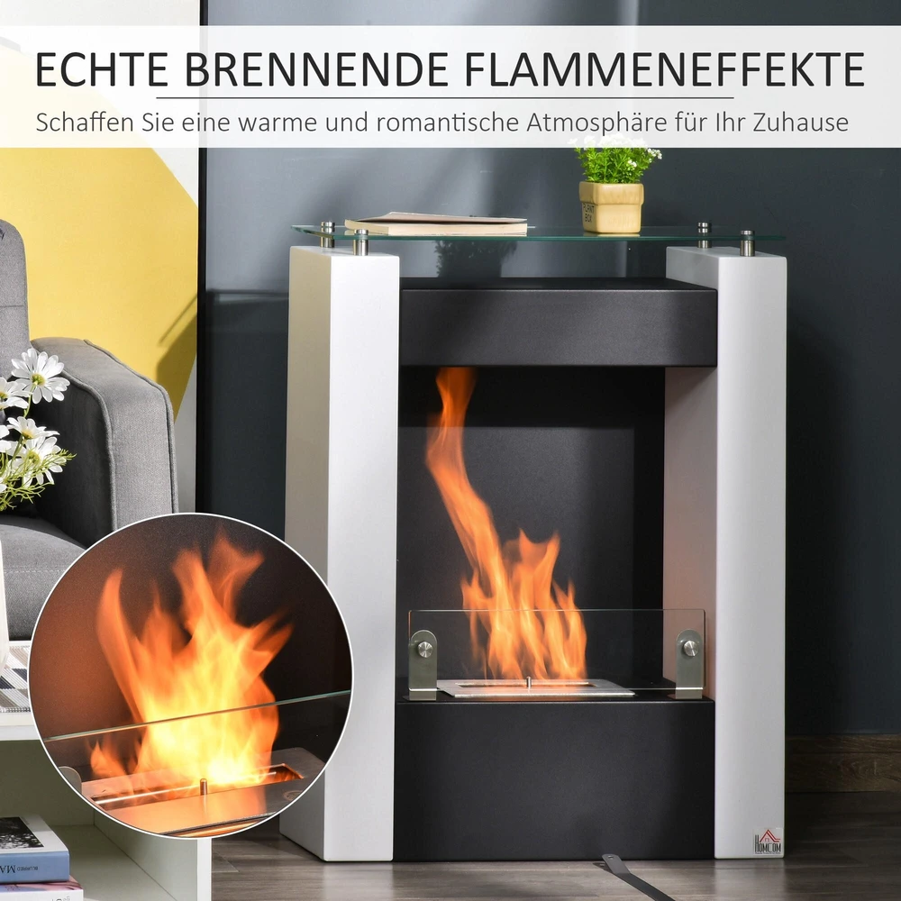 HOMCOM Etanolio židinys Bio etanolio degiklis 2000W 1,5L 3 val. degimo trukmė Laisvai pastatomas, pagamintas iš plieno, nerūdijančio plieno, grūdinto stiklo, baltos ir juodos spalvos 60x20x79cm