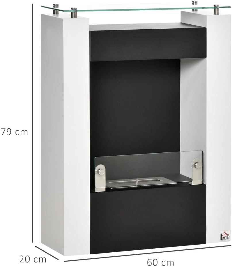 HOMCOM Etanolio židinys Bio etanolio degiklis 2000W 1,5L 3 val. degimo trukmė Laisvai pastatomas, pagamintas iš plieno, nerūdijančio plieno, grūdinto stiklo, baltos ir juodos spalvos 60x20x79cm