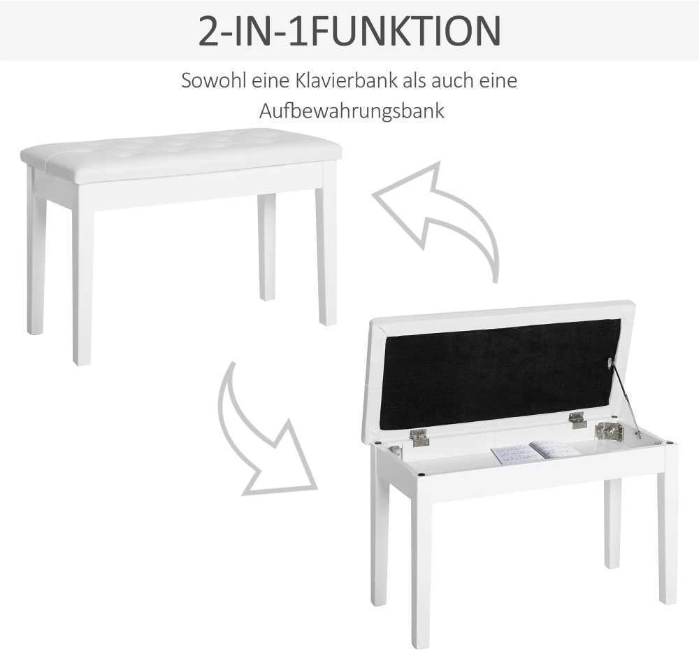 HOMCOM pianino kėdė, suoliukas pianinui, tradicinio kaimiško stiliaus kosmetinė kėdutė su daiktadėže, guminmedis, dirbtinė oda, balta, 76 x 36 x 50 cm