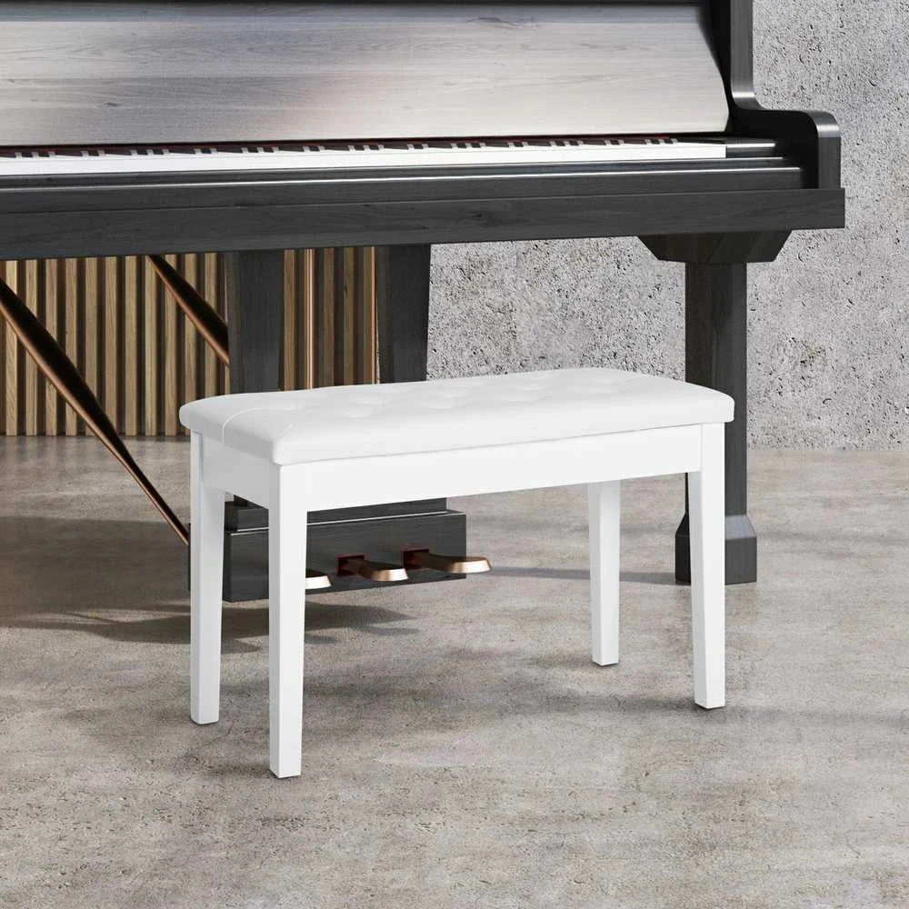 HOMCOM pianino kėdė, suoliukas pianinui, tradicinio kaimiško stiliaus kosmetinė kėdutė su daiktadėže, guminmedis, dirbtinė oda, balta, 76 x 36 x 50 cm