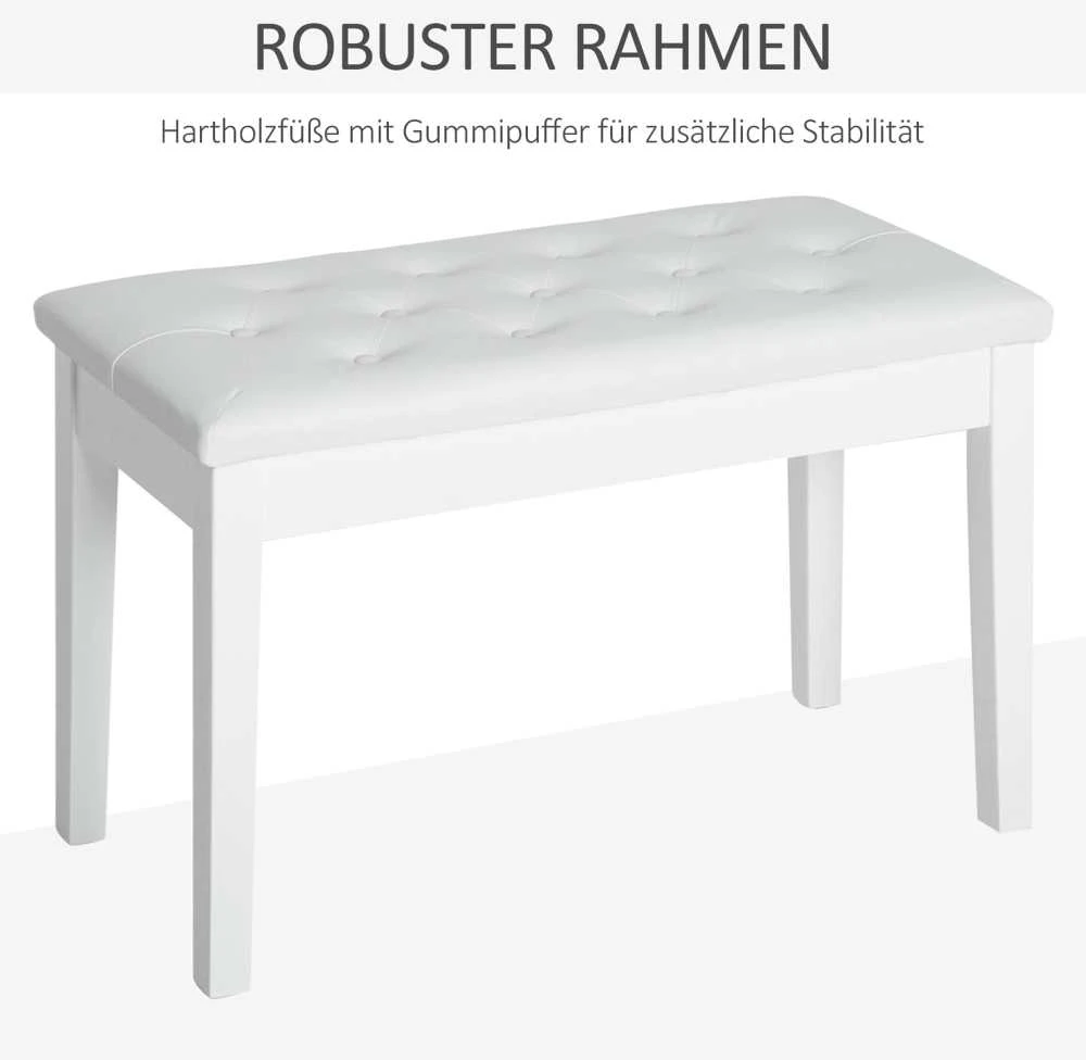 HOMCOM pianino kėdė, suoliukas pianinui, tradicinio kaimiško stiliaus kosmetinė kėdutė su daiktadėže, guminmedis, dirbtinė oda, balta, 76 x 36 x 50 cm
