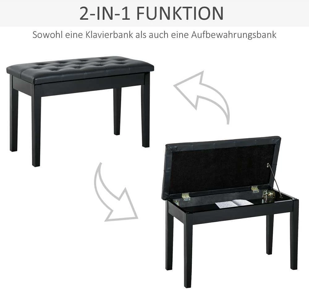 HOMCOM pianino suoliukas fortepijono suoliukas tradicinio kaimo stiliaus kosmetinis suoliukas su daiktadėže medinis odos imitacijos juodas 76 x 36 x 50 cm