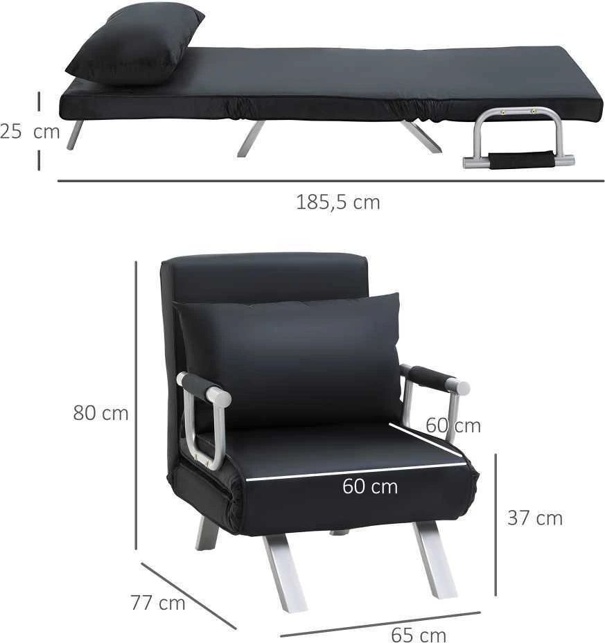 HOMCOM išskleidžiamas krėslas, 2-viename sofa-lova, reguliuojamas poilsio krėslas su atlošu ir pagalve, svečių lova iki 100 kg, juodas