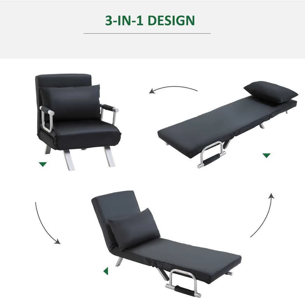 HOMCOM išskleidžiamas krėslas, 2-viename sofa-lova, reguliuojamas poilsio krėslas su atlošu ir pagalve, svečių lova iki 100 kg, juodas