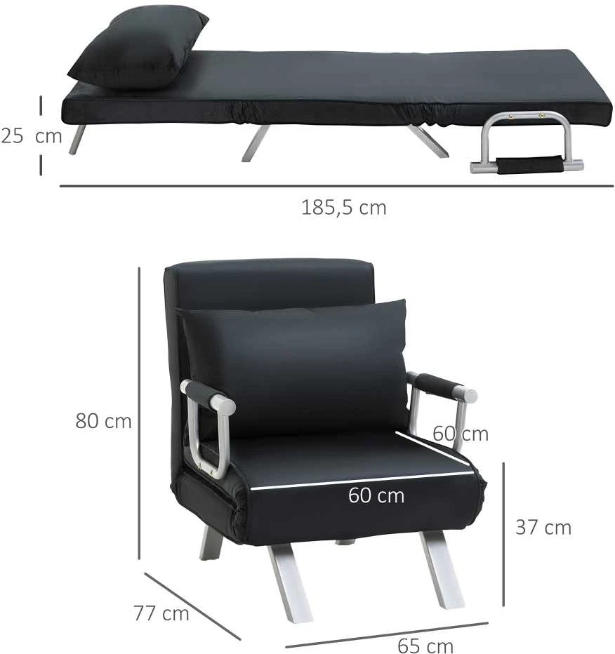 HOMCOM išskleidžiamas krėslas, 2-viename sofa-lova, reguliuojamas poilsio krėslas su atlošu ir pagalve, svečių lova iki 100 kg, juodas