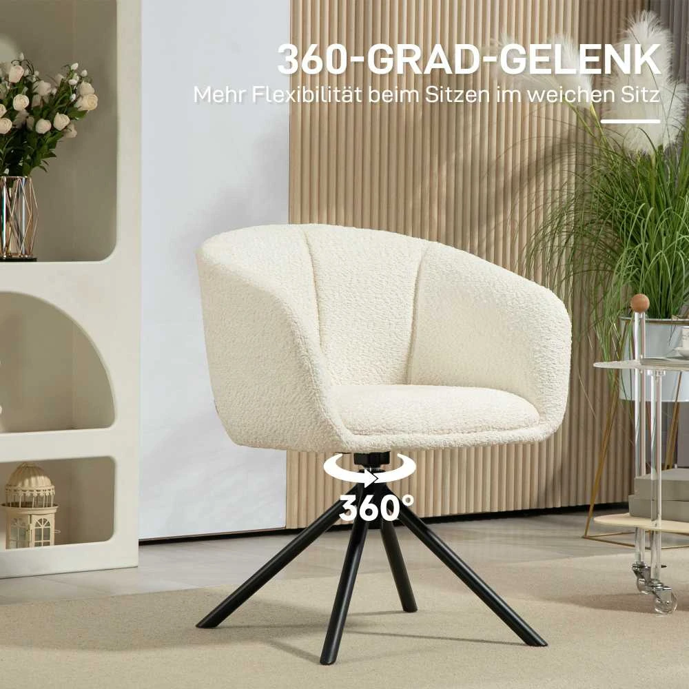 HOMCOM fotelis, poilsio fotelis su porankiais, 360° sukimosi funkcija, lininio audinio išvaizda, pasukamas fotelis su metalinėmis kojomis, svetainei, miegamajam, kreminės baltos spalvos