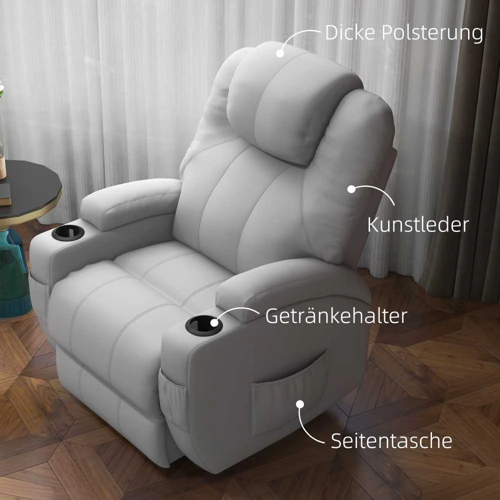 Fotelis HOMCOM masažinis krėslas su supimosi funkcija, nuotoliniu valdymu, 360° pasukimu, atsilenkimo funkcija, dirbtinė oda, pilkas