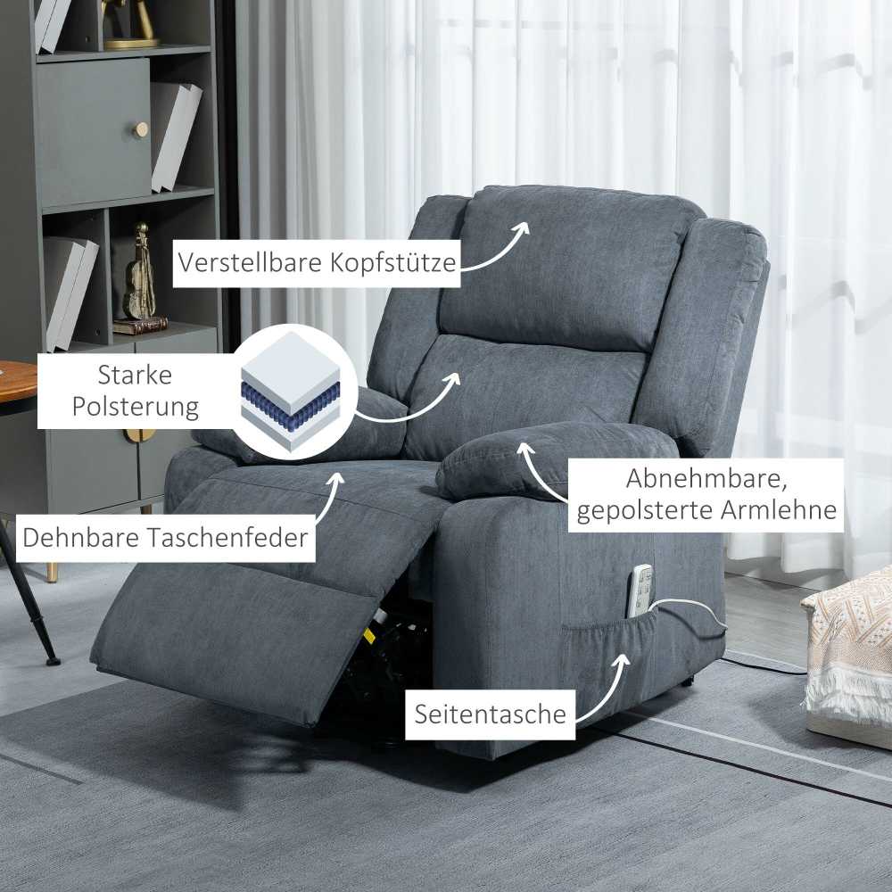 Fotelis HOMCOM elektrinis krėslas su atsistojimo funkcija, gulimoji padėtis, nuotolinio valdymo pultelis, aksominė tekstūra, pilka spalva, 92 x 93 x 105 cm