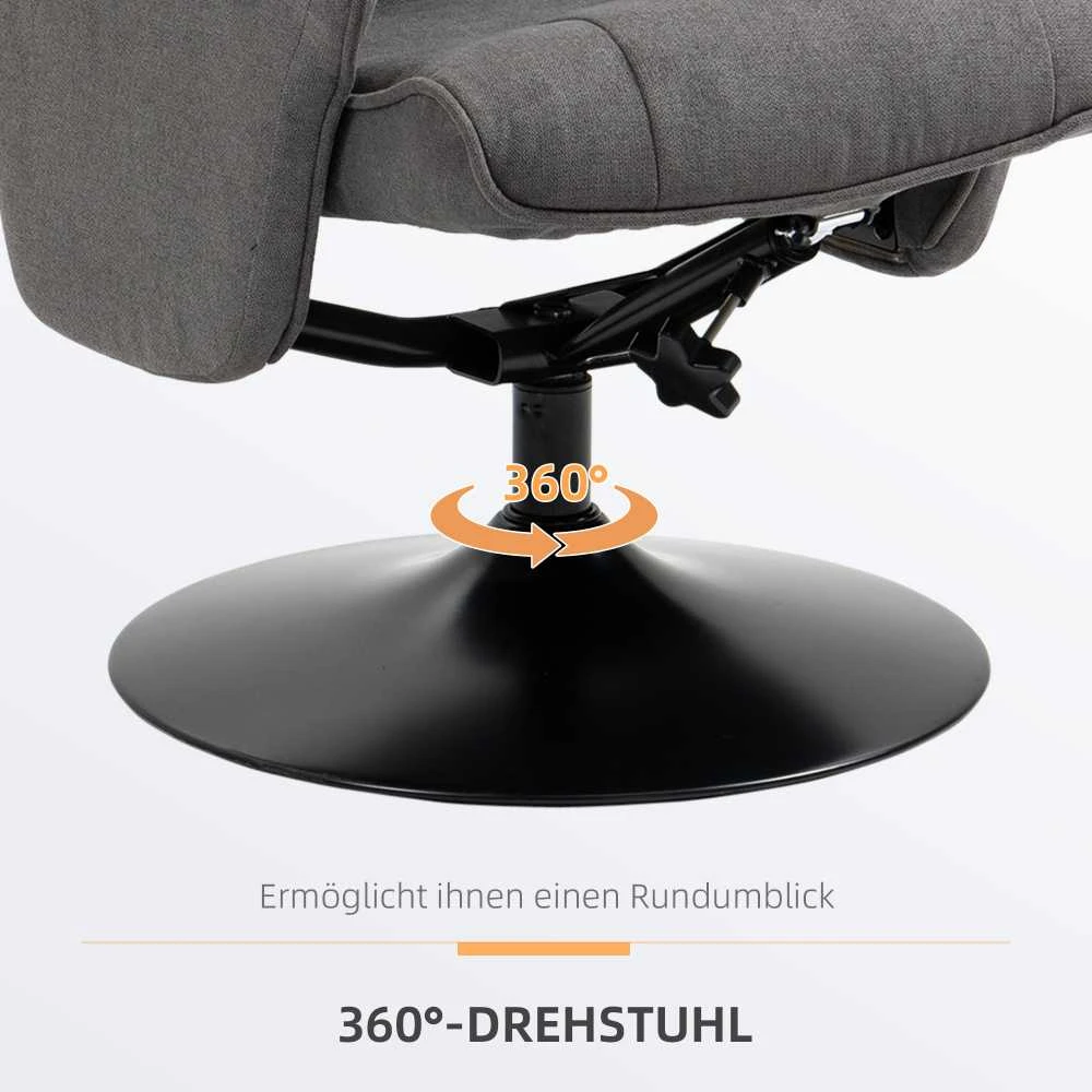 Fotelis HOMCOM poilsio krėslas su kojų atrama, 360° besisukantis televizoriaus krėslas, reguliuojamas atlošas, tamsiai pilkas aksominis, 69 x 71 x 104 cm