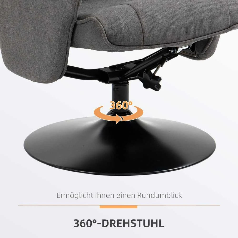 Fotelis HOMCOM poilsio krėslas su kojų atrama, 360° besisukantis televizoriaus krėslas, reguliuojamas atlošas, tamsiai pilkas aksominis, 69 x 71 x 104 cm