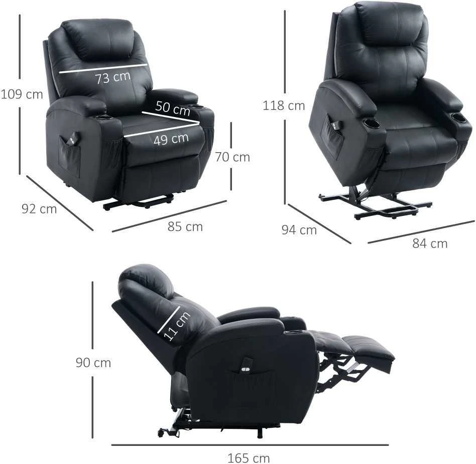 HOMCOM poilsio fotelis, televizoriaus fotelis su kėlimo funkcija, dirbtinė oda, juodas, su laikymo kišene, reguliuojamu kampu, nuotolinio valdymo pulteliu, 84 x 92 x 109 cm