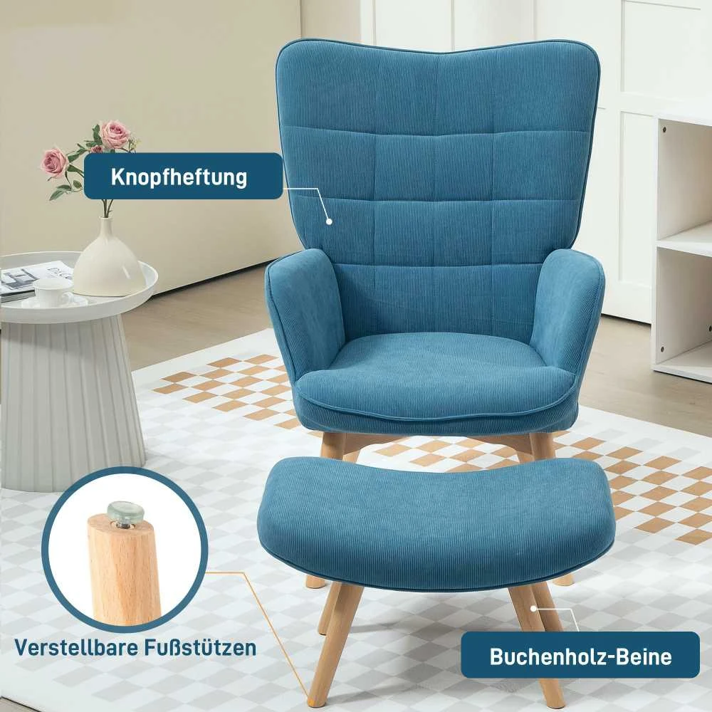 HOMCOM fotelis su kėdute kojoms, ausinis fotelis su aukštu atlošu, medinės kojelės, poilsio kėdė su prabangiomis siūlėmis, velveto išvaizda, svetainei, mėlynas