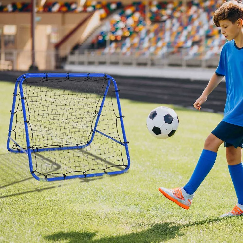 HOMCOM futbolo treniruočių atšokimo sienelė, tinklas su dvipusiu atšokimu, 5 reguliuojami lygiai, plienas, mėlyna, 100 x 95 x 90 cm