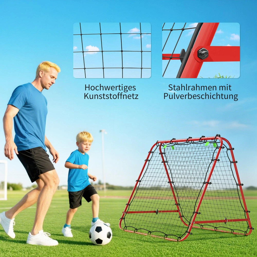 HOMCOM futbolo atšokimo sienelė, tinklas, dvipusis atšokimas, reguliuojamas 5 padėtimis, futbolo treniruotėms, plieno, raudonas, 100 x 95 x 90 cm