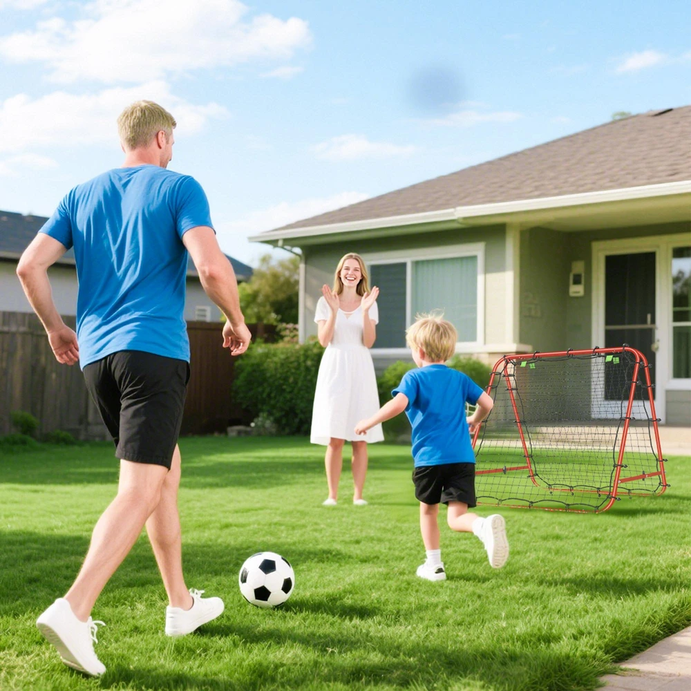 HOMCOM futbolo atšokimo sienelė, tinklas, dvipusis atšokimas, reguliuojamas 5 padėtimis, futbolo treniruotėms, plieno, raudonas, 100 x 95 x 90 cm