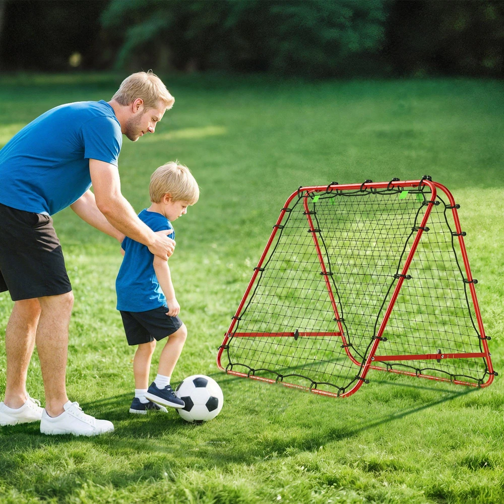 HOMCOM futbolo atšokimo sienelė, tinklas, dvipusis atšokimas, reguliuojamas 5 padėtimis, futbolo treniruotėms, plieno, raudonas, 100 x 95 x 90 cm