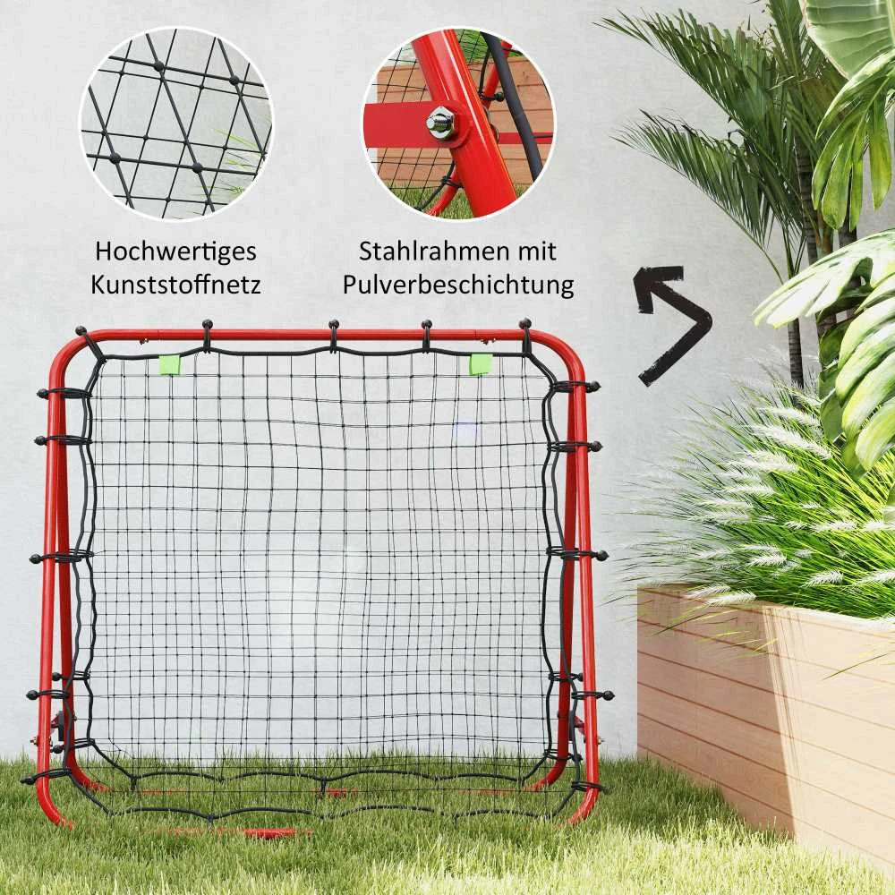 HOMCOM futbolo atšokimo sienelė, tinklas, dvipusis atšokimas, reguliuojamas 5 padėtimis, futbolo treniruotėms, plieno, raudonas, 100 x 95 x 90 cm