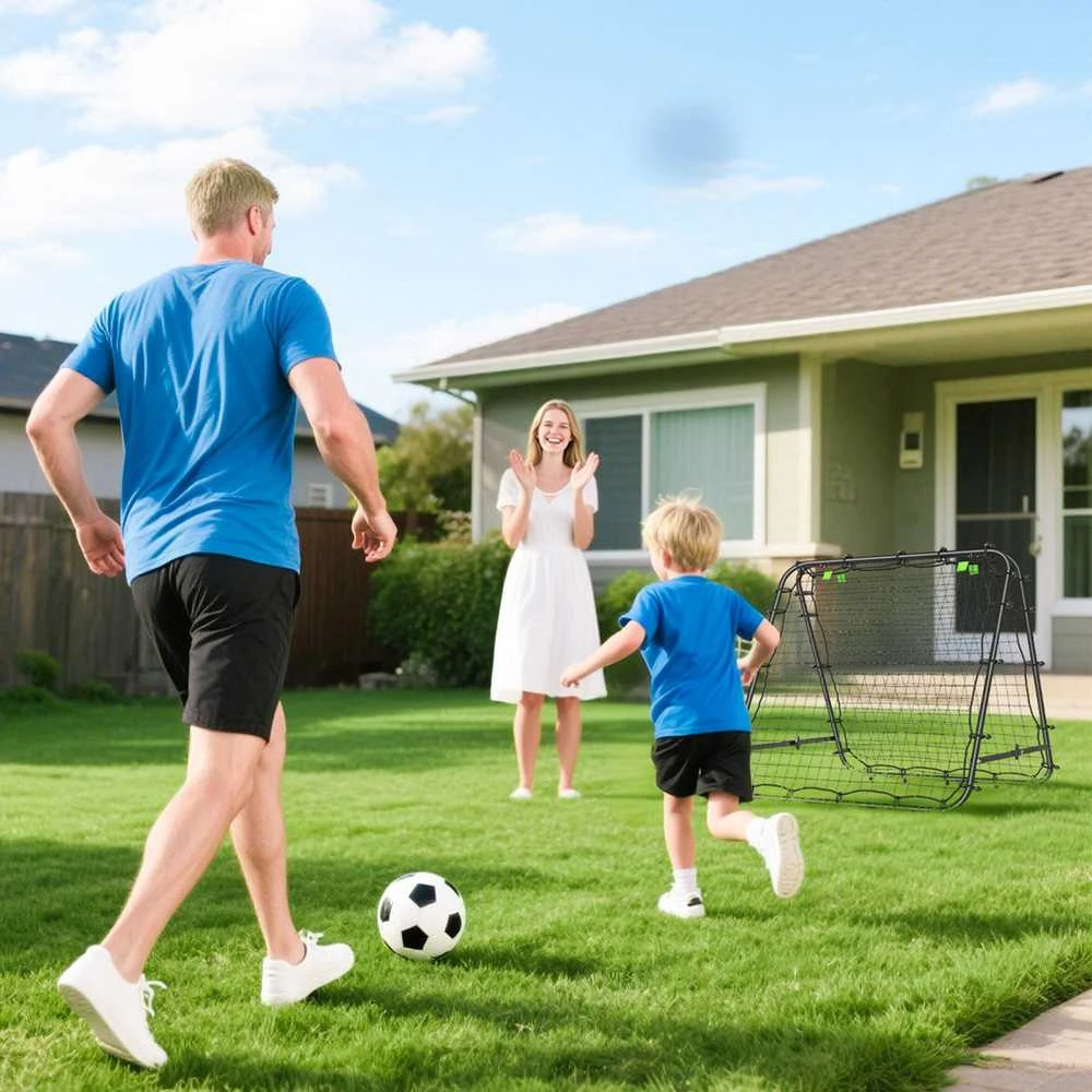 HOMCOM futbolo atšokimo sienelė, grąžinimo tinklas, dvipusis, reguliuojamas 5 padėtimis, futbolo treniruotėms, plienas, juoda, 100 x 95 x 90 cm